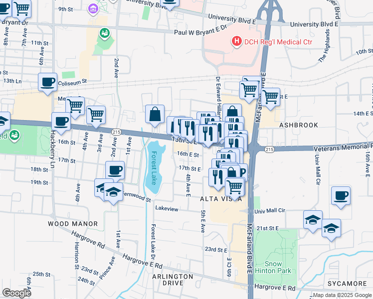 map of restaurants, bars, coffee shops, grocery stores, and more near 405 16th Street East in Tuscaloosa