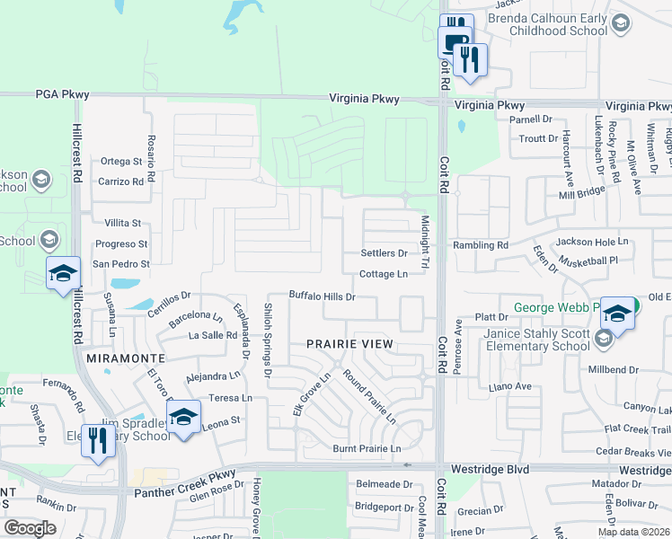 map of restaurants, bars, coffee shops, grocery stores, and more near 14409 Shady Grove Lane in Frisco