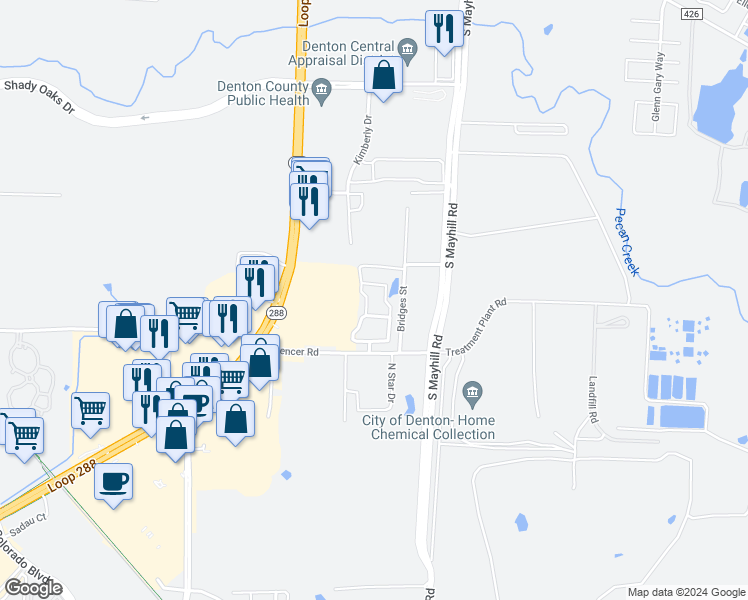 map of restaurants, bars, coffee shops, grocery stores, and more near 2801 Spencer Road in Denton
