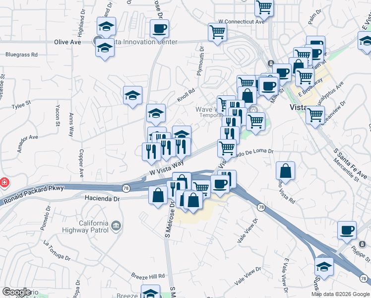 map of restaurants, bars, coffee shops, grocery stores, and more near 544 West Vista Way in Vista