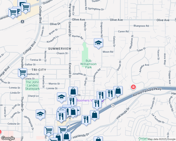 map of restaurants, bars, coffee shops, grocery stores, and more near 527 Huff Street in Vista