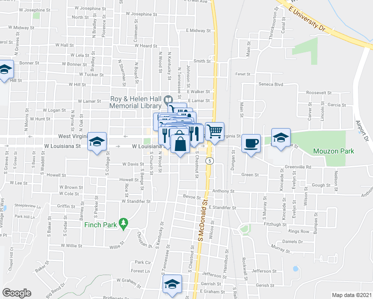 map of restaurants, bars, coffee shops, grocery stores, and more near 119 East Cloyd Street in McKinney