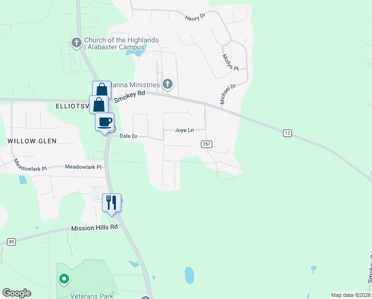map of restaurants, bars, coffee shops, grocery stores, and more near 310 Mardis Lane in Alabaster