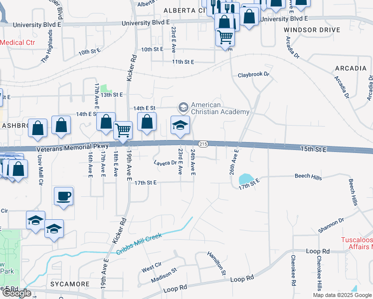 map of restaurants, bars, coffee shops, grocery stores, and more near 1601 24th Avenue East in Tuscaloosa