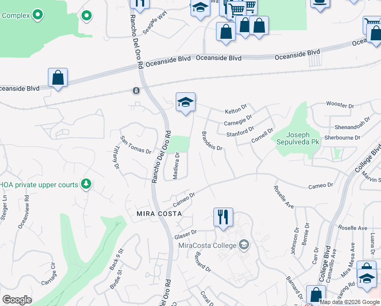map of restaurants, bars, coffee shops, grocery stores, and more near 2102 Ramada Drive in Oceanside