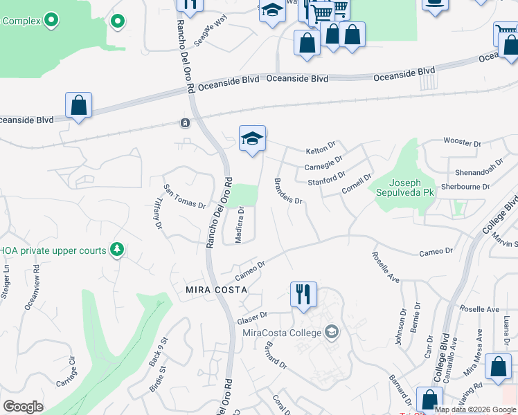 map of restaurants, bars, coffee shops, grocery stores, and more near 2102 Ramada Drive in Oceanside