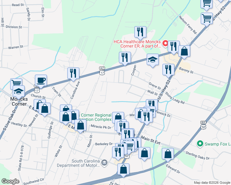 map of restaurants, bars, coffee shops, grocery stores, and more near 402 Wall Street in Moncks Corner