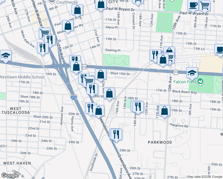 map of restaurants, bars, coffee shops, grocery stores, and more near 1703 17th Street in Tuscaloosa