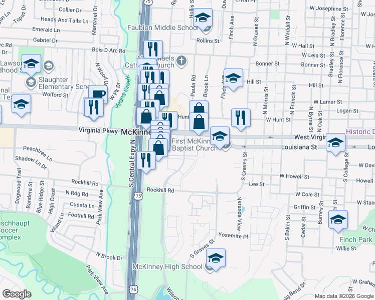 map of restaurants, bars, coffee shops, grocery stores, and more near 123 Wilson Creek Boulevard in McKinney