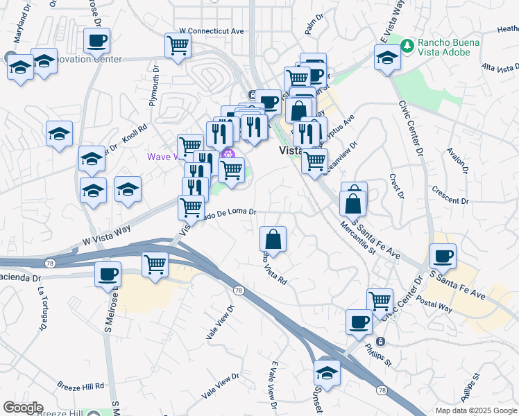 map of restaurants, bars, coffee shops, grocery stores, and more near 251 Lado De Loma Drive in Vista