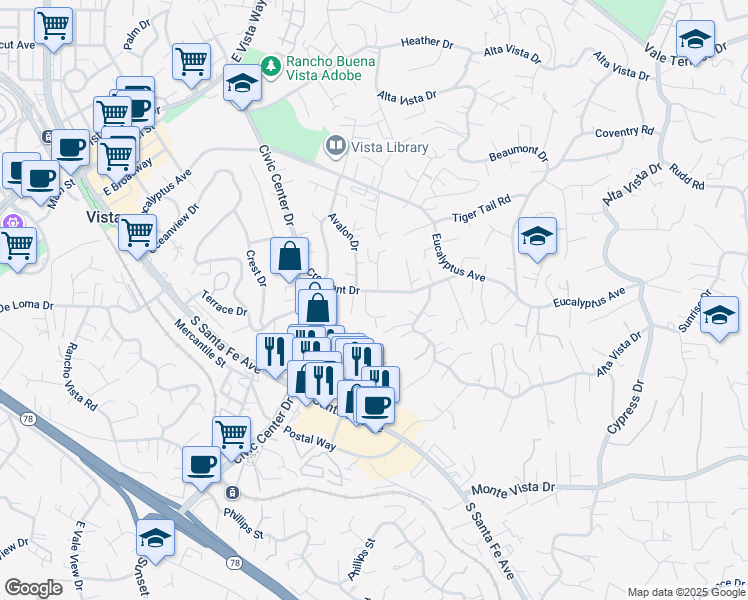 map of restaurants, bars, coffee shops, grocery stores, and more near 853 Crescent Drive in Vista