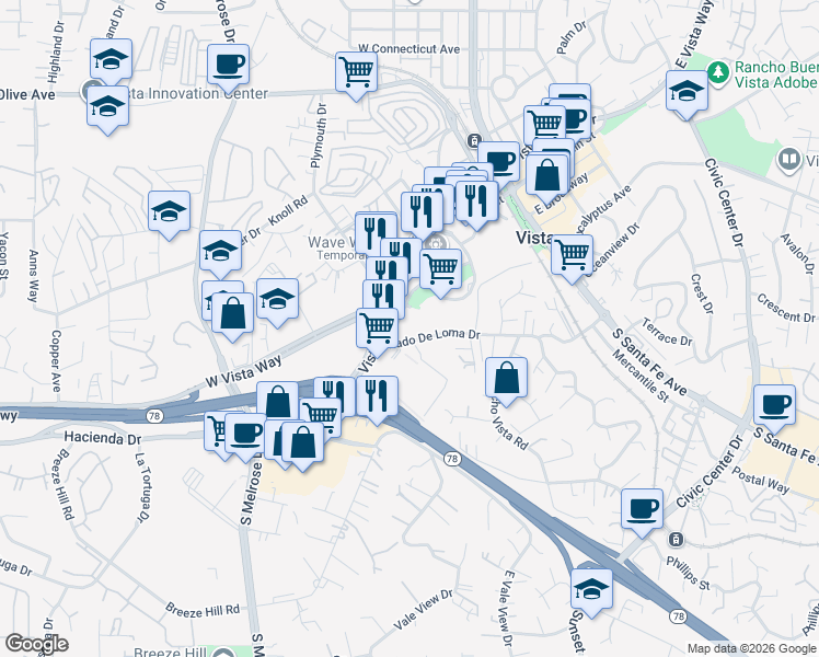 map of restaurants, bars, coffee shops, grocery stores, and more near 235 Vista Village Drive in Vista