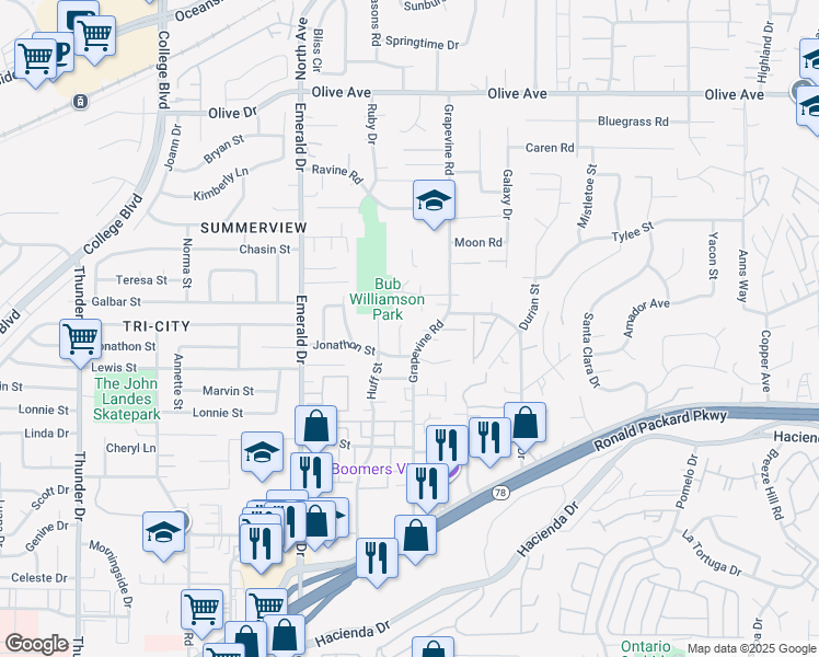 map of restaurants, bars, coffee shops, grocery stores, and more near 523 Hatherly Street in Vista