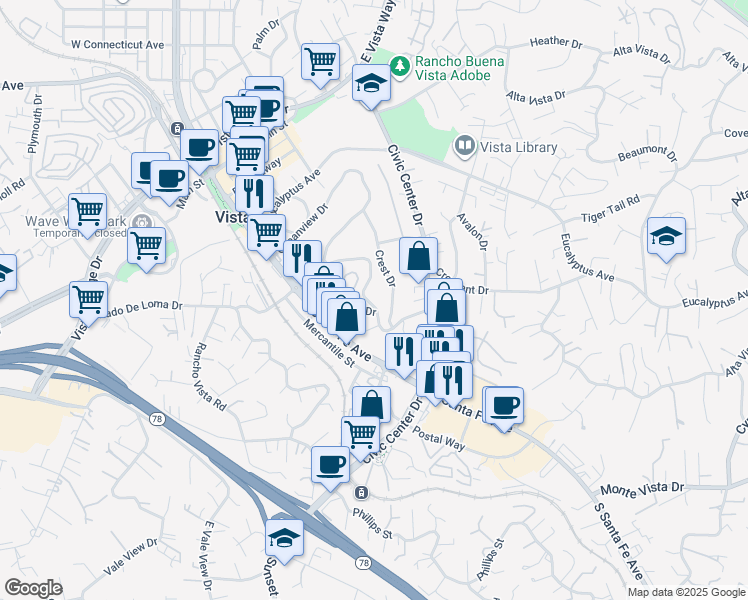map of restaurants, bars, coffee shops, grocery stores, and more near 229 Terrace Drive in Vista