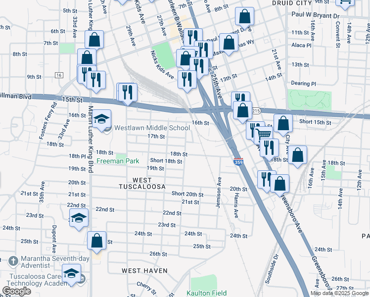 map of restaurants, bars, coffee shops, grocery stores, and more near T.Y. Rogers Junior Avenue in Tuscaloosa