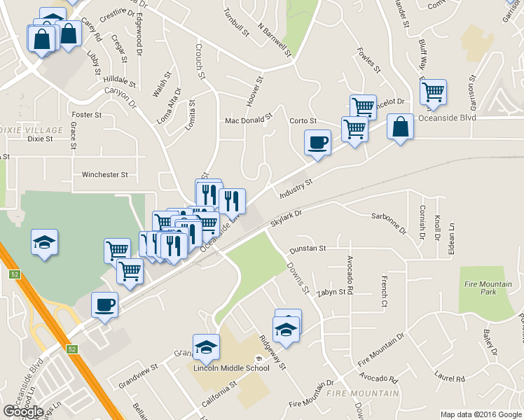map of restaurants, bars, coffee shops, grocery stores, and more near 2141 Oceanside Boulevard in Oceanside
