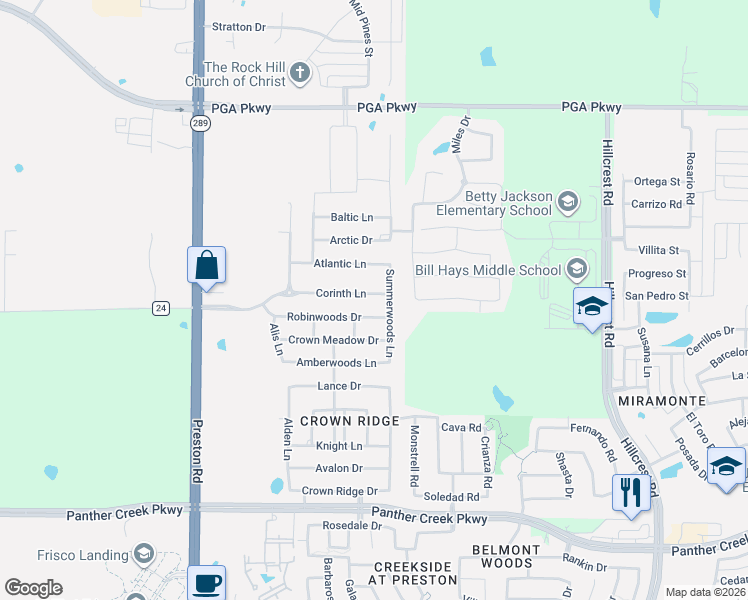 map of restaurants, bars, coffee shops, grocery stores, and more near 9960 Robinwoods Drive in Frisco