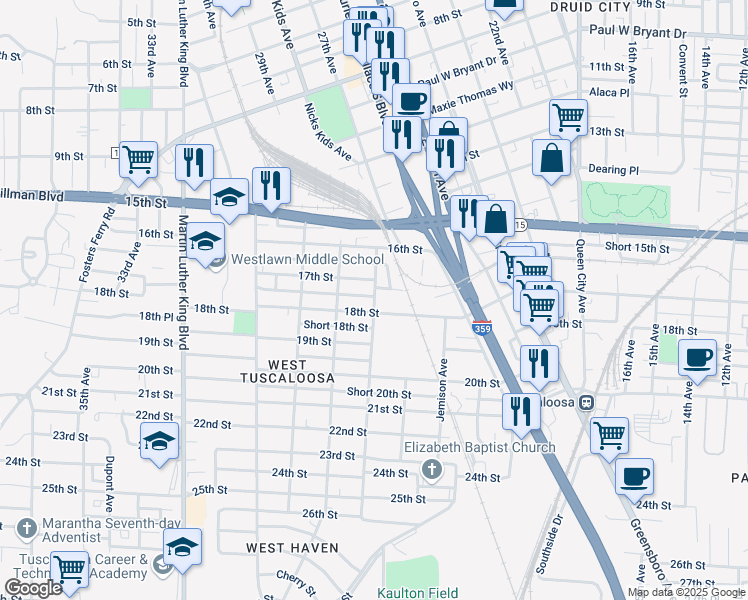 map of restaurants, bars, coffee shops, grocery stores, and more near 1726 T.Y. Rogers Junior Avenue in Tuscaloosa