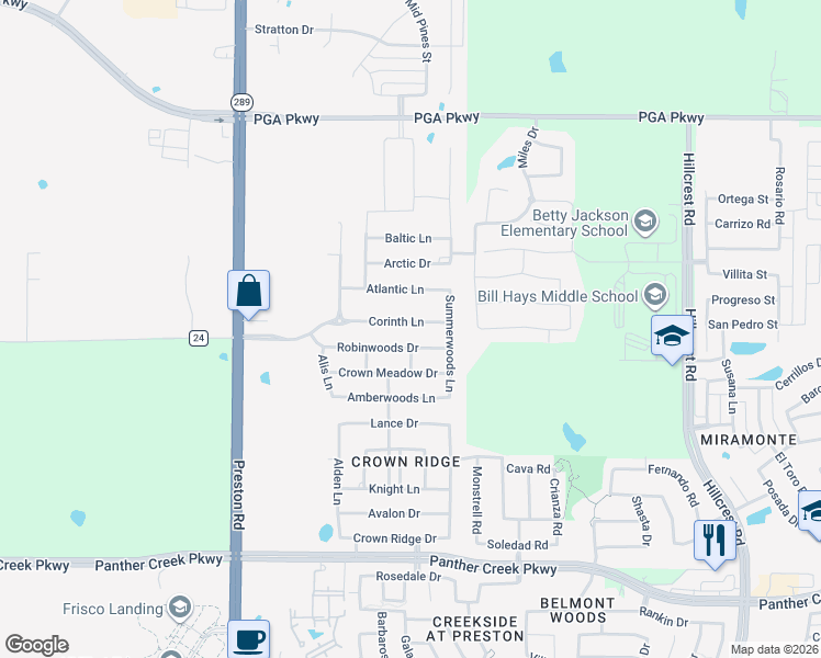 map of restaurants, bars, coffee shops, grocery stores, and more near 9770 Robinwoods Drive in Frisco