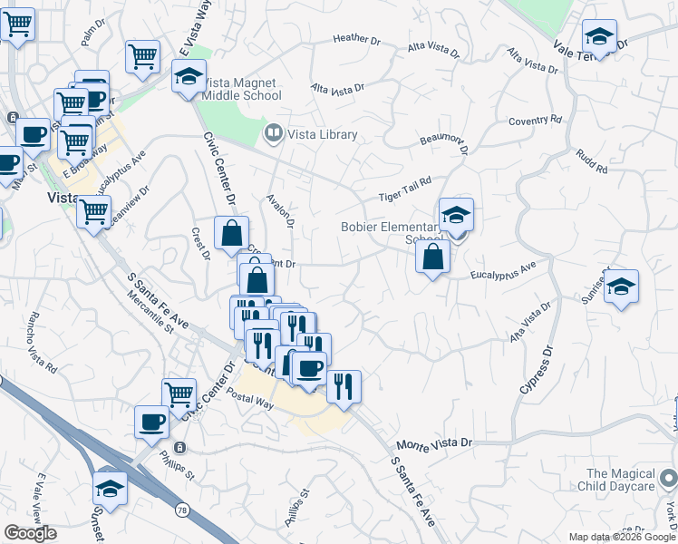 map of restaurants, bars, coffee shops, grocery stores, and more near 935 Crescent Drive in Vista
