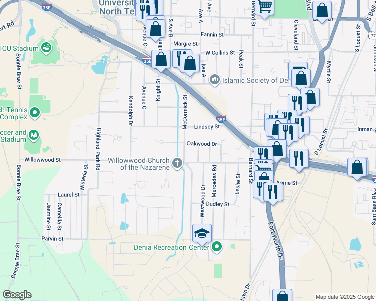 map of restaurants, bars, coffee shops, grocery stores, and more near 1812 McCormick Street in Denton