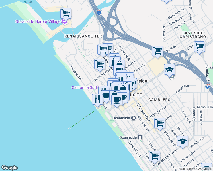 map of restaurants, bars, coffee shops, grocery stores, and more near 465 South Cleveland Street in Oceanside