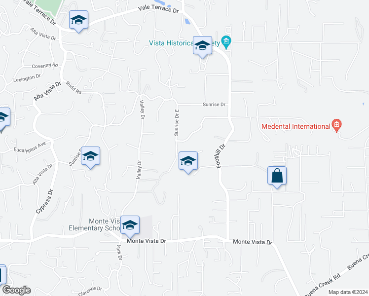 map of restaurants, bars, coffee shops, grocery stores, and more near 610 Sunrise Drive East in Vista