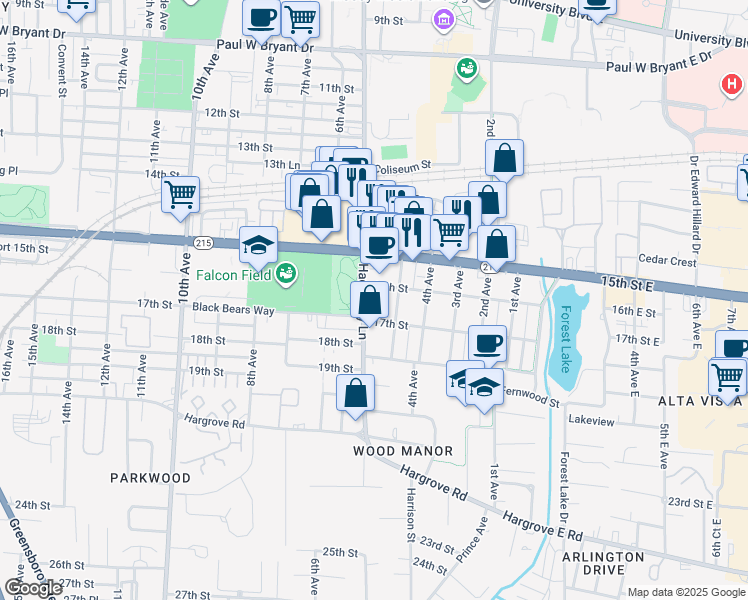 map of restaurants, bars, coffee shops, grocery stores, and more near 1605 Hackberry Lane in Tuscaloosa