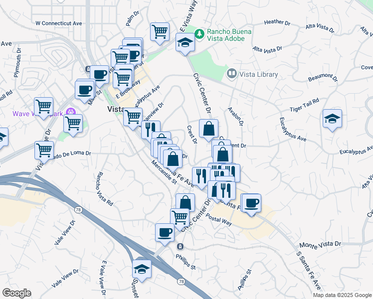 map of restaurants, bars, coffee shops, grocery stores, and more near 229 Terrace Drive in Vista