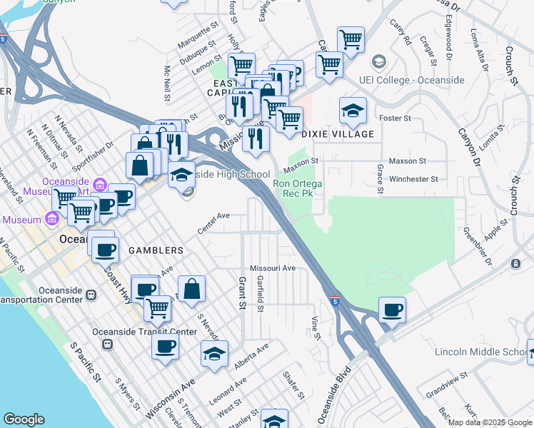 map of restaurants, bars, coffee shops, grocery stores, and more near 341 Garfield Street in Oceanside