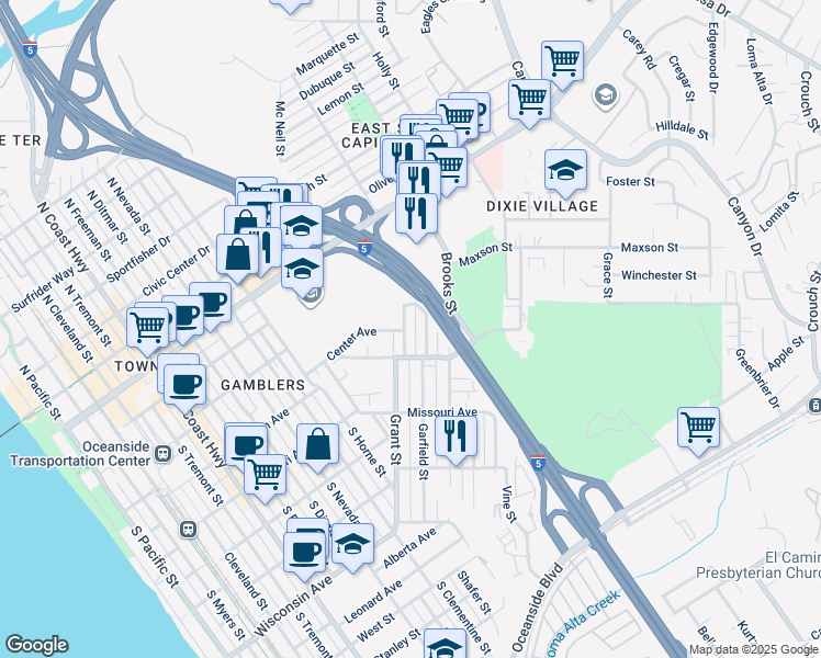 map of restaurants, bars, coffee shops, grocery stores, and more near 341 Garfield Street in Oceanside