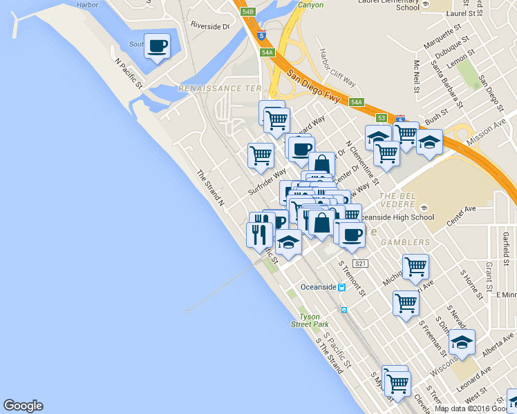 map of restaurants, bars, coffee shops, grocery stores, and more near 400 North Myers Street in Oceanside