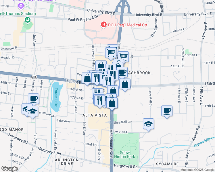 map of restaurants, bars, coffee shops, grocery stores, and more near 1502 McFarland Boulevard East in Tuscaloosa