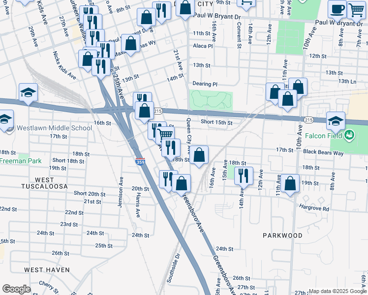 map of restaurants, bars, coffee shops, grocery stores, and more near 1711 23rd Avenue in Tuscaloosa