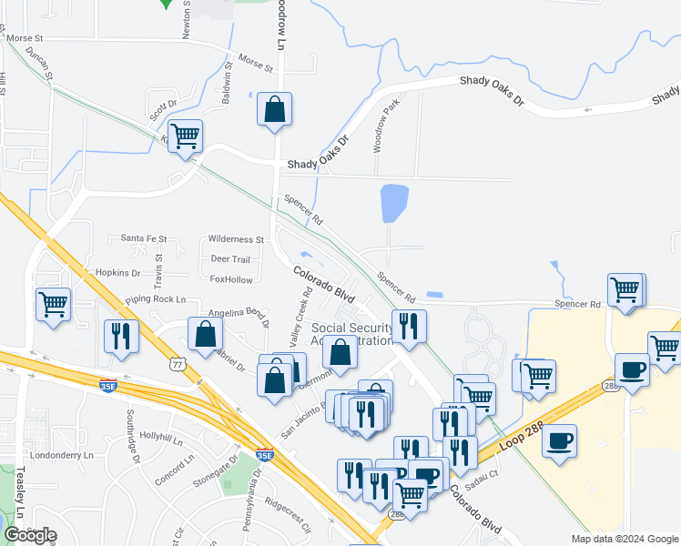 map of restaurants, bars, coffee shops, grocery stores, and more near 1500 Greenspoint Circle in Denton
