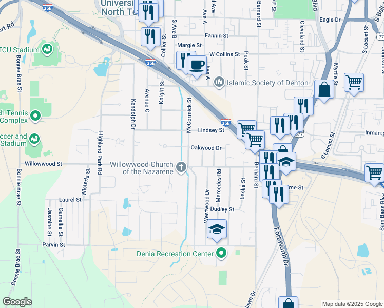 map of restaurants, bars, coffee shops, grocery stores, and more near 1812 McCormick Street in Denton