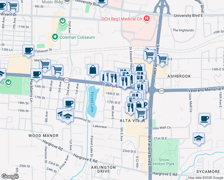 map of restaurants, bars, coffee shops, grocery stores, and more near 405 16th Street East in Tuscaloosa
