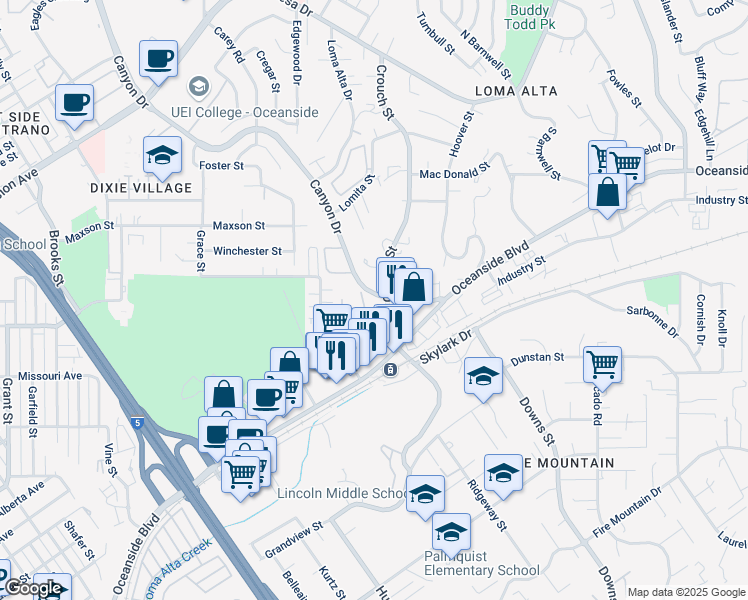 map of restaurants, bars, coffee shops, grocery stores, and more near 595 Canyon Drive in Oceanside