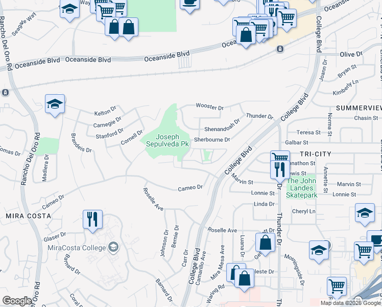 map of restaurants, bars, coffee shops, grocery stores, and more near 3926 Marvin Street in Oceanside