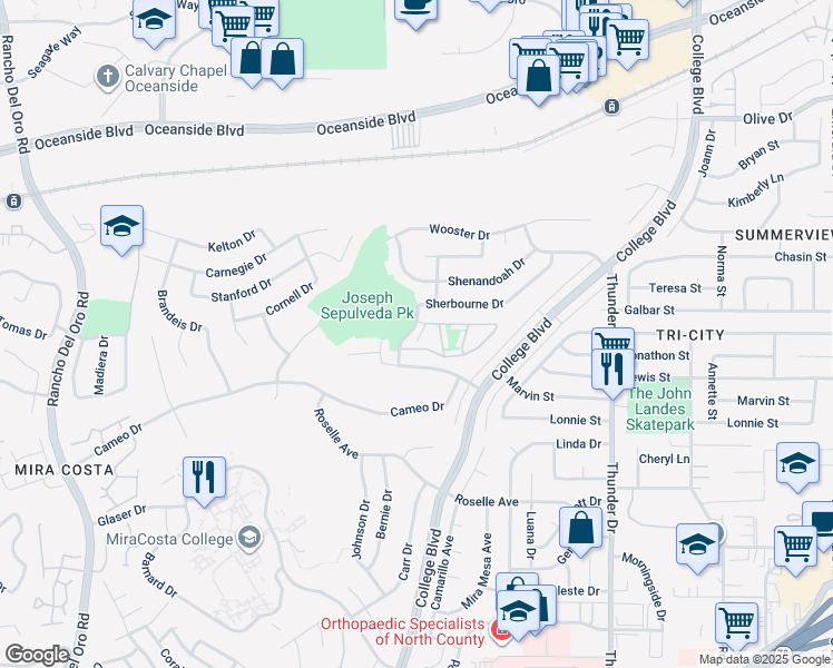 map of restaurants, bars, coffee shops, grocery stores, and more near 3851 Sherbourne Drive in Oceanside