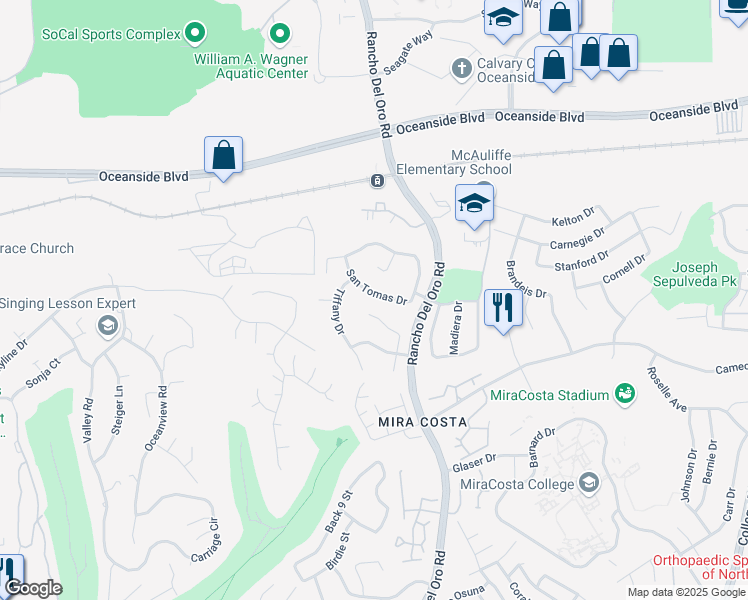 map of restaurants, bars, coffee shops, grocery stores, and more near 3243 San Tomas Drive in Oceanside