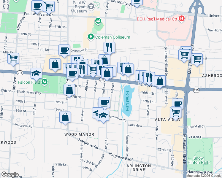 map of restaurants, bars, coffee shops, grocery stores, and more near 1610 1st Avenue in Tuscaloosa