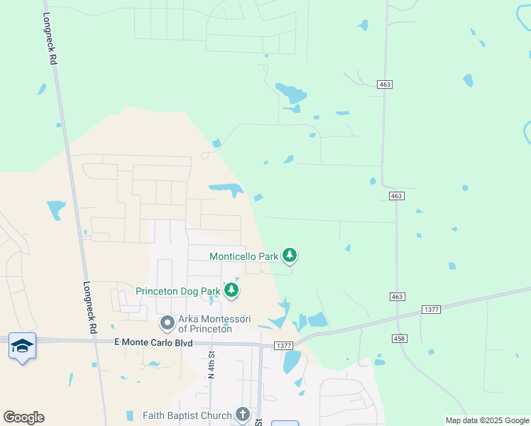 map of restaurants, bars, coffee shops, grocery stores, and more near 8433 Biggs Road in Princeton
