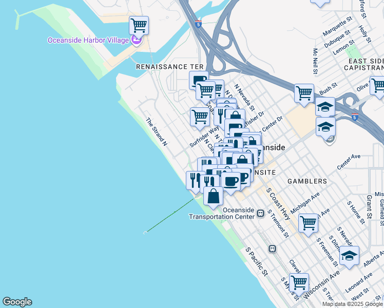 map of restaurants, bars, coffee shops, grocery stores, and more near 510 North Pacific Street in Oceanside