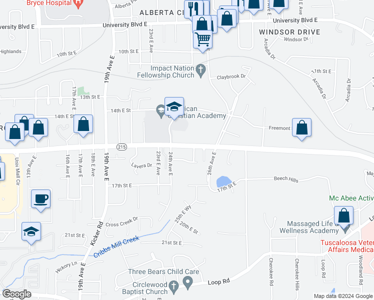 map of restaurants, bars, coffee shops, grocery stores, and more near 2501 Veterans Memorial Parkway in Tuscaloosa