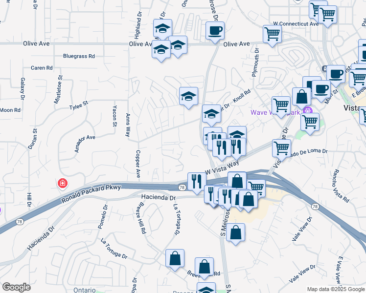 map of restaurants, bars, coffee shops, grocery stores, and more near 213 Diamond Way in Vista