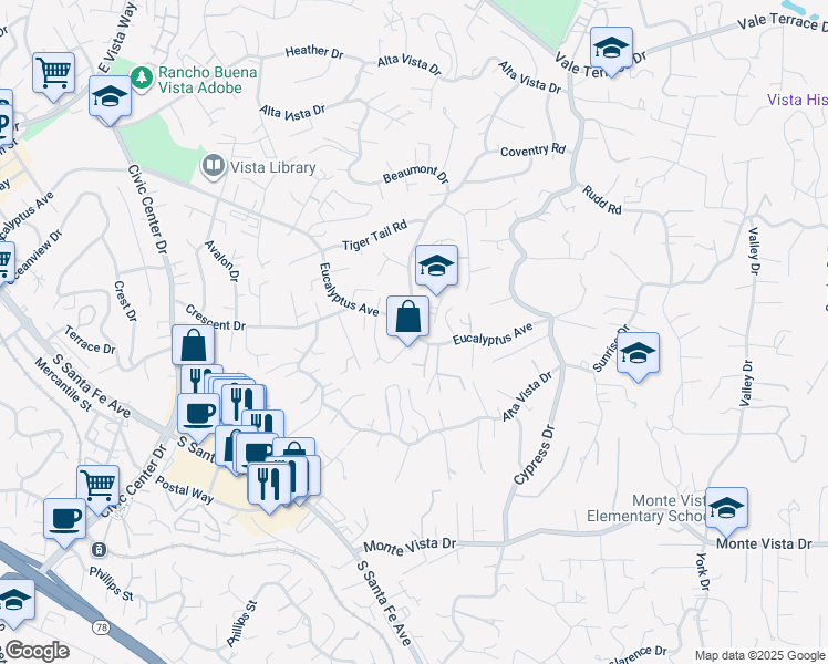 map of restaurants, bars, coffee shops, grocery stores, and more near 1178 Patricia Circle in Vista
