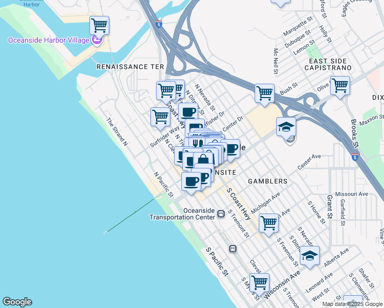 map of restaurants, bars, coffee shops, grocery stores, and more near 404 Pier View Way in Oceanside