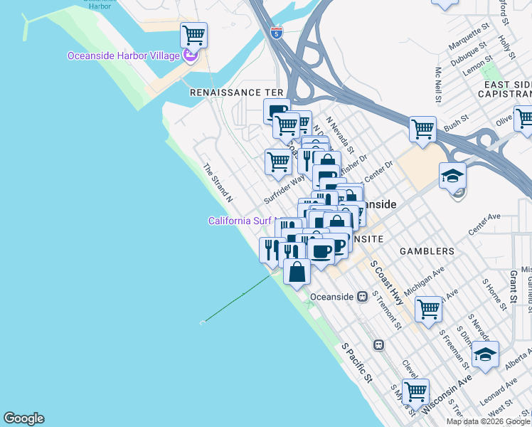 map of restaurants, bars, coffee shops, grocery stores, and more near 501 The Strand North in Oceanside