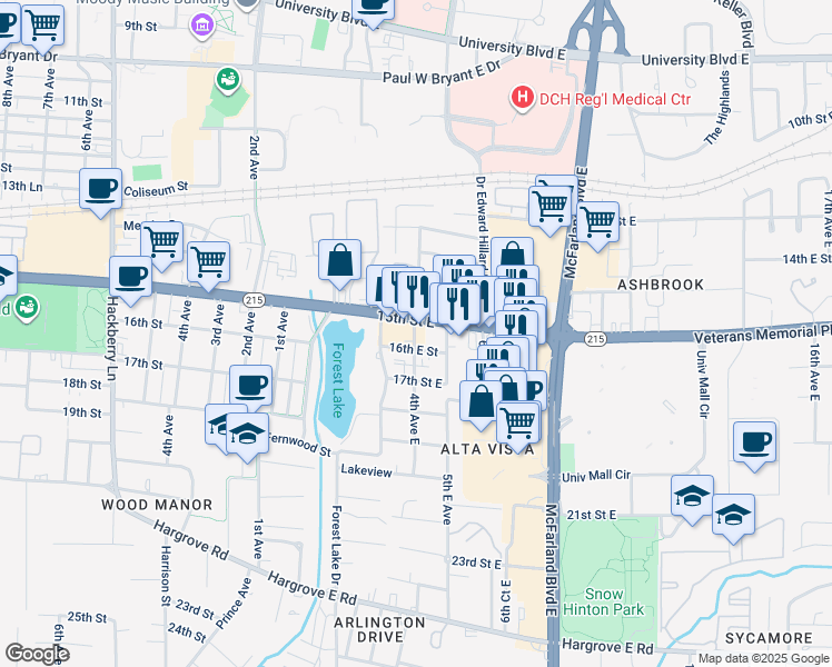 map of restaurants, bars, coffee shops, grocery stores, and more near 405 16th Street East in Tuscaloosa